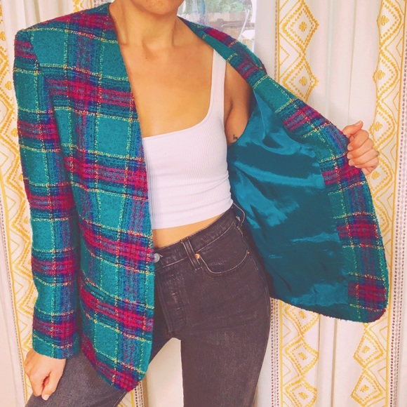 ❌SOLD❌ VTG 80s Colorful Plaid Wool Blazer size Small - Picture 4 of 15